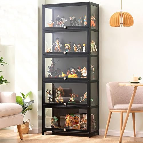 Vitrine Armoires De Curio avec Portes en Verre Vitrine en Verre Armoire De Rangement en Bambou Collection Affichage Sûr Et Sain Facile À Installer 70 * 32 * 172CM Black