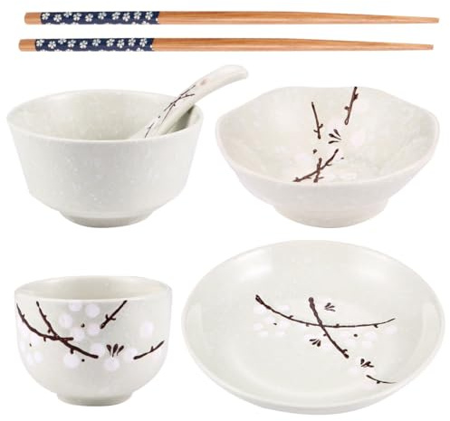 TOPBATHY Japanese Style Tableware Set for One Person Ceramic Bowl Plate Dish Cup Spoon and Chopsticks Flower Print Dining Set for Household Meals