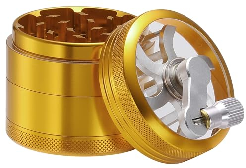 Glamified 2.5 4 Pieces Hand Cranked Clear Top Herb Grinder - Aluminium Spice Grinder with Pollen Scraper and Cleaning Brush, Foldable Handle (Gold (4 Layers))