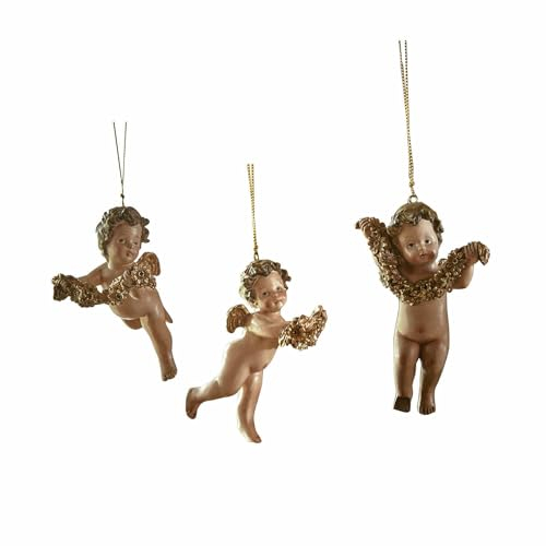 Loberon Engel 3er Set Calne, von Hand bemalt, zuckersüßes Design im Nostalgie-Look, Christbaumschmuck, Weihnachtsdekoration, Polyresin, Polyester, braun