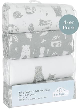 Kindsgard Molton-Spucktücher „Handklad“ – Grau – 4er-Pack aus 100 % Baumwolle – saugfähig, weich & vielseitig – 70x70 cm – waschbar & trocknergeeignet – Baby Spucktuch Set für Zuhause & unterwegs