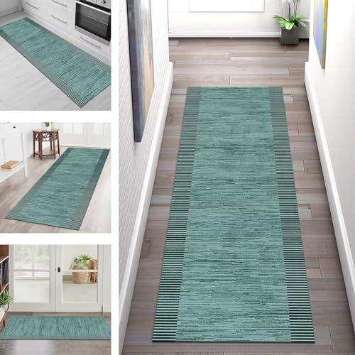 Teppich Läufer Küche Flur Wohnraum Teppichläufer Lang Küchenteppich Rutschfest Waschbar Dunkelgrün Läufer Teppichmatten 70X300CM Küchenläufer Meterware Flurteppich Abstrakt Wohnzimmer Schlafzimmer