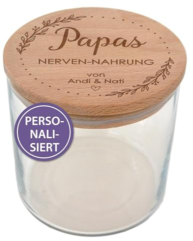 Feenstaub Vorratsglas mit Deckel, personalisierter Glasbehälter, Aufbewahrungsglas mit Holzdeckel graviert mit Spruch, Glas mit Deckel, Geschenk für Papa, Vatertagsgeschenk, Nervennahrung
