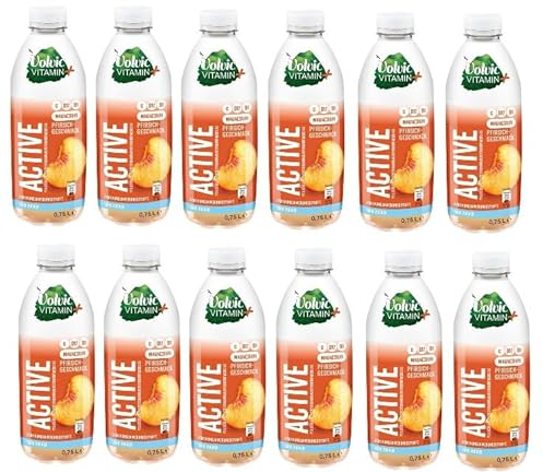 12 Flaschen Volvic Vitamin + Active Peach Pfirsichgeschmack Erfrischungsgetränk (12 x 750ml) inc. EINWEG Pfand PET Flasche + Space Keks a 45g von Onlineshop Bormann