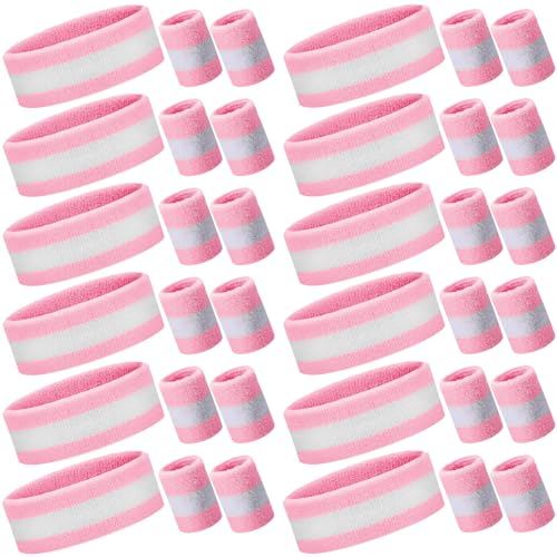 Eurzom 36-teiliges gestreiftes Schweißband-Set beinhaltet 12 schweißabsorbierende, gestreifte Stirnbänder und 24 Baumwollschweißbänder für Fitnessstudio, Herren, Damen, Sport (rosa mit weißen