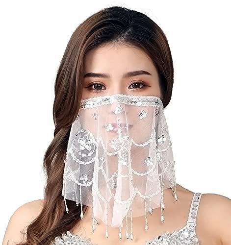 budiniao Damen Pailletten Gesichtsschleier Bauchtanz Gesichtsbedeckung Bestickter Schal Performance Zubehör Schöne 5 Farben Netzschleier, Silbrig Weiß