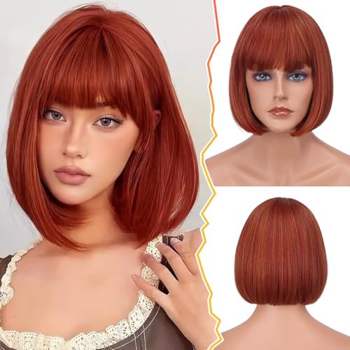 BARSDAR Kurze Bob Perücke mit Pony 30cm Auburn Perücke für Damen Kurze Kupfer Perücke Natürlich Hitzebeständige Synthetische Haar Replacement Perücke Tägliche Halloween - Kupfer Auburn