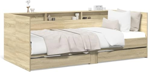 Faroom Cama de día con espacio de almacenamiento, sofá cama con 2 cajones y somier, cama individual de 90 x 190 cm, cama funcional con respaldo, cama infantil de roble Sonoma