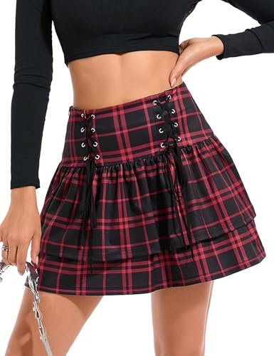 KOJOOIN Damen Gothic Rock Mini Kariert Faltenrock A-Linie Hohe Taille Skirt Cosplay Kleid zum Schnüren Rot M