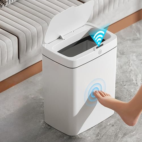 15L Sensor Bin,Smart Bathroom Bin with Lid,Plastic Bin for Kitchen Bins,Toilet Bin with Lid,Bedroom Bin,Office Bin,Living Room Bin,Slim Bathroom Bin,Bin with Lid Dog Proof Bin,Automatic Bin(White Bin)