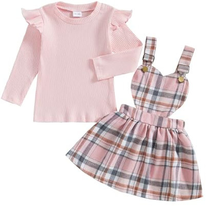 Loalirando 2Pezzi Tuta Invernale Completo Bambina Elegante Top Maglietta con Volant Maniche Lunghe+Gonna con Bretelle Cuore Bambina per Natale Casual (Rosa, 2-3 Years)