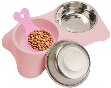 QUMENEY Cuenco doble para perros de acero inoxidable, juego de cuencos dobles con 1 cuchara de comida para mascotas, antideslizante, extraíble, comedero para perros, alimentación de agua (rosa)