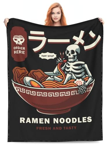 Ramen Noodles Blanket 50''x60'' Skull Relax in a Bowl of Ramen Funny Food Decor Ramen Lover Gifts Soft Cozy Flannel for Couch Sofa All Season for Adults Kids Birthday Christmas Decorations Black