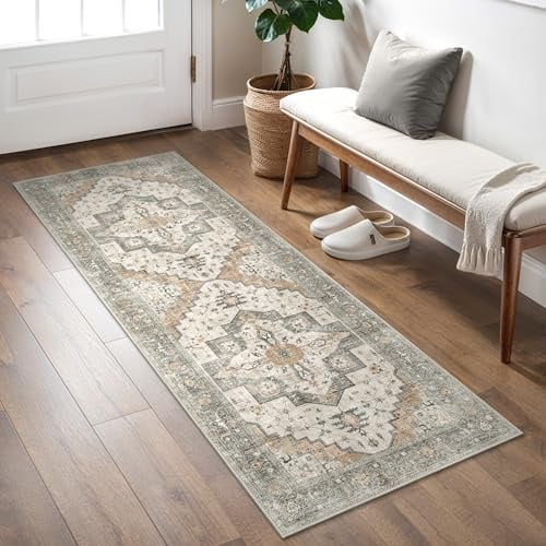 BEIMO Läufer Flur 80x300cm, Vintage Waschbarer Teppich Taupe | Boho Orientalisch Wohnzimmerteppich, Weicher Kurzflor Klein Carpet mit Rutschfester für Eingang, Bettvorleger Schlafzimmer