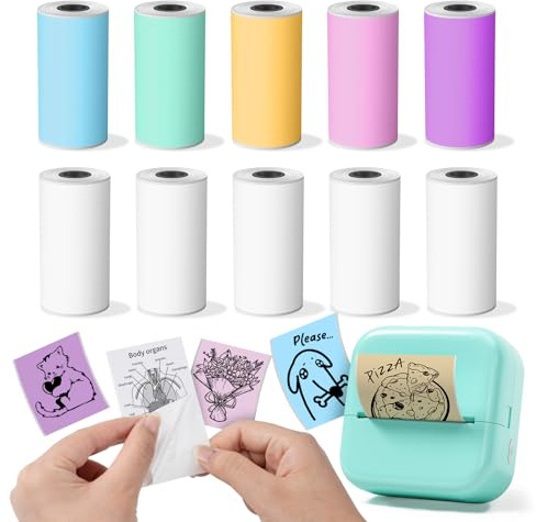 Drucker Papier Kompatibel mit Phomemo M02/Memoking T02/Anycash S1/Cudinham X6/iDPRT S1/HuiJuKeJi X5/M02X/M02L Mini Thermodrucker Etikettenpapier, 50mm*3.5m, Mehrfarbig, 10 Rollen