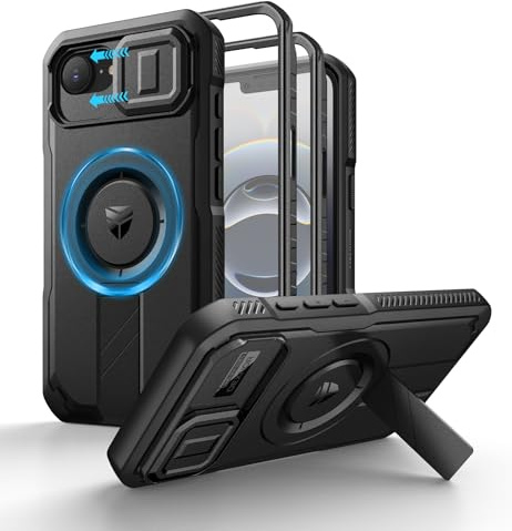 Dexnor Kompatibel mit iPhone 17e & iPhone 16e Hülle mit Kameraabdeckung Schieben & Einstellbarer Kickstand & Integrierter Displayschutz, Robuste stoßfeste Bumper Heavy Duty Schutzhülle - Schwarz