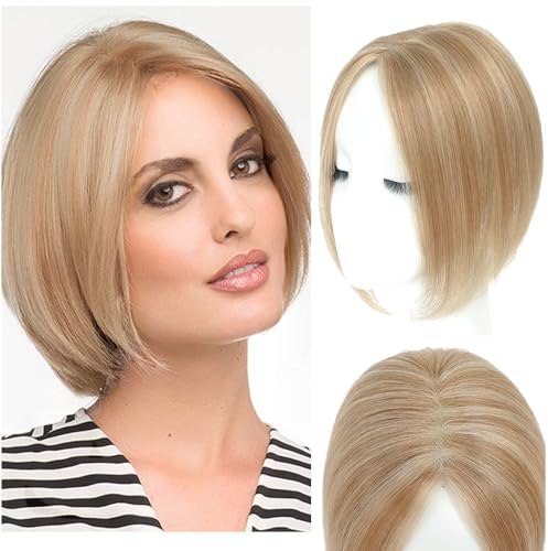 Lagomance Haaraufsätze für Frauen Echthaar-Clip-In 25,4 cm Schweizer Basis Haarteile für dünnes Haar, Haarverlust-Abdeckung (Aschbraun mit Blond)#1016