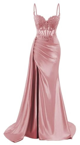 Abito da damigella d'onore da donna, in raso, con spacco a sirena, abiti da cocktail, taglie forti, Rosa polvere, 42