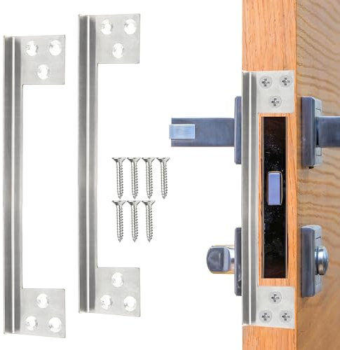1PCS Door Latch Guard Plate, 7 L-Shaped Door Reinforcement Plate, Stainless Steels Outswing Door Security Latch Protector, Door Lock Cover to Block Access to Door Lock Deadbolt (1, Silver)