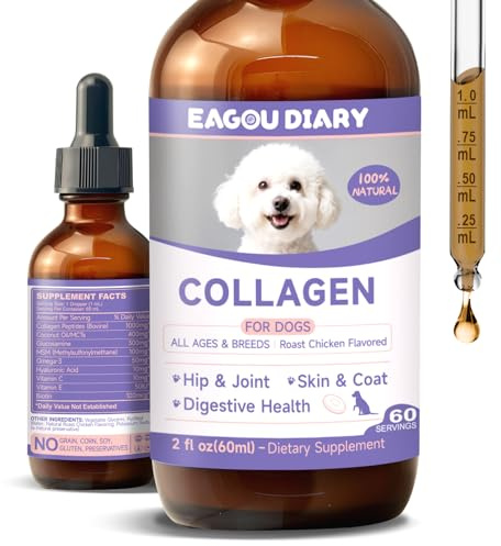 Flüssiges Kollagen für Hunde, Hüfte Gelenke Haut Fell Immunsystem 60ML | Glucosamin, MSM, Kokosöl, Vitamin C E, Biotin, Kollagen tropfen für Hunde Kollagen Flüssiges, Gesundheit von Haut Fell, Darm