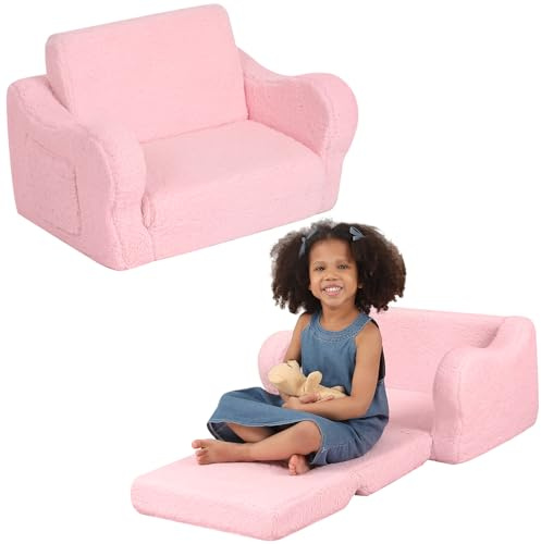 BestRoyal Comfy Toddler Chair, 2-in-1 Toddler Couch Fold Out, Kids Sofa Bed for Boys & Girls, Pink