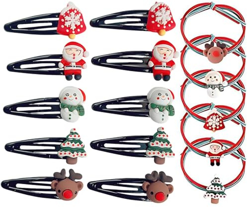 10 pcs Pinces à Cheveux Noël Paillette Barrettes Épingle Père Noël Flocon de Neige Renne Pingouin et Élastique Cheveux Chouchou Bonhomme de Neige Sapin Décoration pour Fille Femme Hiver Nouvel An