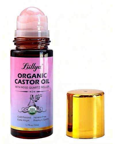 Liillya Huile de Ricin Bio Roll-On avec Quartz Rose – 100% Pure, Pressée à Froid, Sans Hexane, Hydratant Naturel pour Visage, Corps, Cheveux, Cils & Sourcils | Flacon en Verre Ambré, 50ml