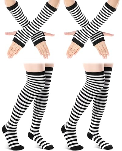 Zimocepuz Black and White Striped Socks, Leg Warmers & Arm Warmers in Black White Design, Striped Gloves for Women and Girls, Party Set for Holidays