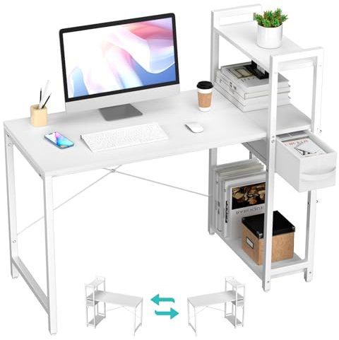 Rangement Bureau d'angle pour Ordinateur Tiroir et Étagères, Plateau 120cm