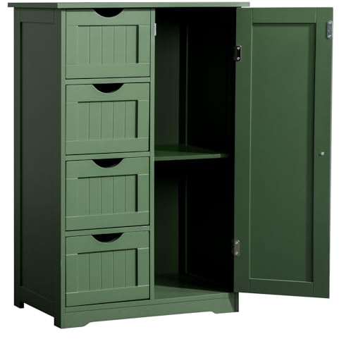 Bonnlo Bathroom Floor Storage Cabinet Cupboard, Bathroom Storage Unit with 4 Drawers & 1 Door - Adjustable Shelf, Bathroom Cabinet Freestanding for Living Room Kitchen Hallway, 56x30x80cm,Forest Green