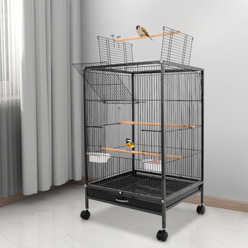 Metall Birdcage Voliere Vogelkäfig, Papageienkäfig kann Öffnung nach Oben, Käfig mit Rädern, Futternapf und Tablett, für Papageien, Spatzen, und Verschiedene Kleine oder Mittelgroße Vögel (Schwarz)