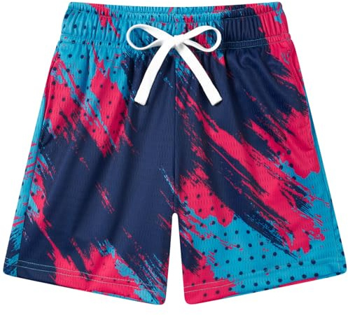 kids4ever Sportshorts für Jungen Mesh Atmungsaktiv Schule PE Kurz Hose Fußballhose Laufhose Trainingsshorts Graffiti Linien Kurz Jogginghose mit Tasche für Kinder 9-10 Jahre