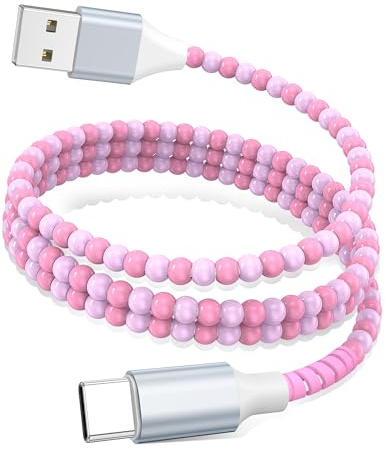 AIAUXAI USB C Cable 1M USBA to USB C Cute Beaded Charger Cord&CarPlay Cable | Car Charger Cord for iPhone 17 16 Pro Max 15/iPad Air 10 11 A16/Samsung S26 S25 S24 Beaded Phone Charger Women Girls,Pinl