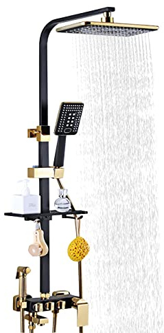 Colonna Doccia Nero Oro, Doccia Colonna Da Parete 4 Funzioni, Miscelatore Doccia Regolabile, Set Doccia con Soffione Pioggia Extra Large, Doccetta e Pistola Ad Alta Pressione, Bagno Moderno