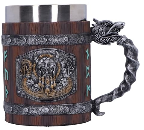 Nemesis Now Norseman - Jarra de cerveza de 16 cm, resina, marrón, diseño vikingo nórdico, incluye inserto de acero inoxidable, pintado a mano por expertos, fundido en la mejor resina