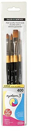 Daler-Rowney System3 Synthetic Hair Short-Handle Acrylic Brush Wallet Set, 4 Assorted Brushes, Ideal for Professional Artists & Students
