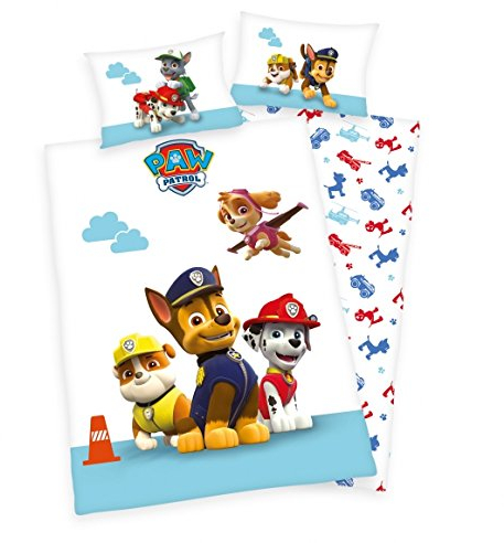 3 TLG. Baby Bettwäsche Paw Patrol - renforcé 100x135 cm + 40x60 cm + 1 Spannbettlaken in weiß 70x140 cm (Mit Laken: Weiss, Renforcé)