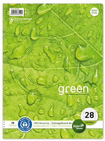 Staufen Green Collegeblock - DIN A4, Lineatur 28 (kariert mit Randlinien), 100 Blatt, 4-fach Lochung, premiumweißes 70g/m² Recyclingpapier, 1 Stück