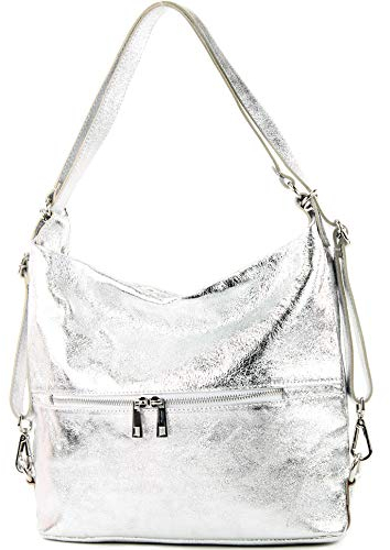 modamoda de T189 Damen Leder Rucksack Damentasche 2in1 handmade in Italy, Farbe:Silber