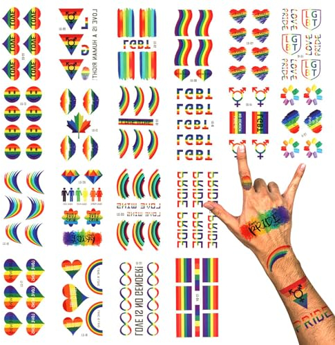 PHOGARY LGBT Gay Pride Temporäre Tattoos (über 100 Stück, 20 Blatt), Regenbogentattoos, Abziehbilder für Körperfarben zum Feiern, Party, Aktivitäten