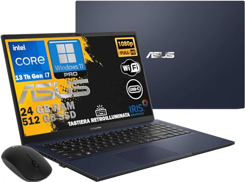 ASUS Notebook ExpertBook B1, pc portatile, Cpu Intel i7 di 13Th 10 Core, Ram 24 Gb, SSD M.2 Nvme 512GB, 15,6 FHD, wi-fi, 4 Usb, Bt, Intel Iris xE, Windows 11 Pro, Libre Office, MOUSE OMAGGIO