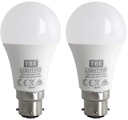 TBE LIGHTING BC3 3 PIN LED Bulbs - 2 Pack - 12w Non-DIMMABLE Energy Saving LED A60 Bulb - Warm White 2700K, 1100 Lumen Output, 20,000Hrs Life Expectancy