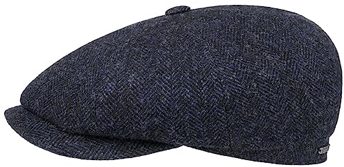 Stetson Hatteras Classic Wool Schiebermütze Herren Flatcap mit Baumwollfutter Fischgrätmuster Ballonmütze Herbst Winter schwarz-blau 62 cm
