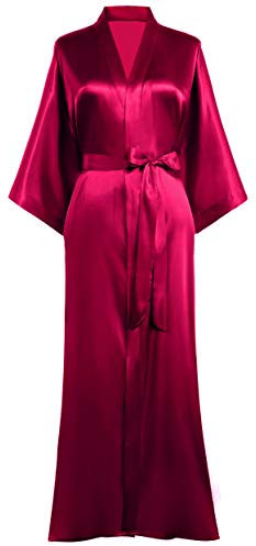 PRODESIGN Kimono Robe de Chambre Longue en Satin pour femme Peignoir Femme Satin Couleur Unie - Taille Unique (Rouge)