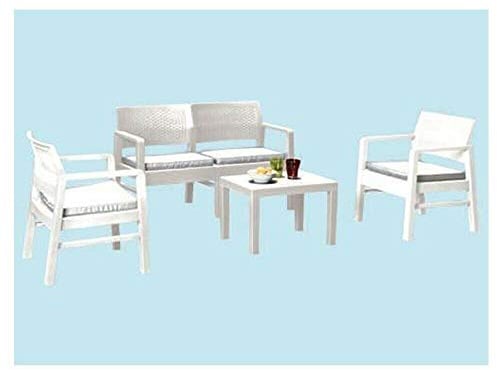 Dmora - Outdoor-Lounge-Set Carpi, Gartengarnitur mit 2 Sesseln, 1 Sofa und 1 Couchtisch, Sitzecke in Rattan-Optik mit Kissen, 100 % Made in Italy, Weiß