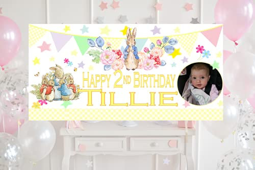 Personalised Peter Rabbit Birthday Decorations Photo Banner Yellow Large 4ftx2ft Kids Any Names first 1st 2nd 3rd Boys Girls Unisex Twins Poster Backdrop