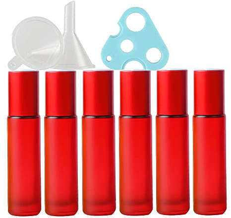 TIANZD 6 Pcs, 10ml Empty Frosted Red Glass Essential Oil Roller Bottles with Alu Screw Cap Roll on Bottles Rollerball Bottle for Essential Oil Perfume, 1x Funnel 1x Opener