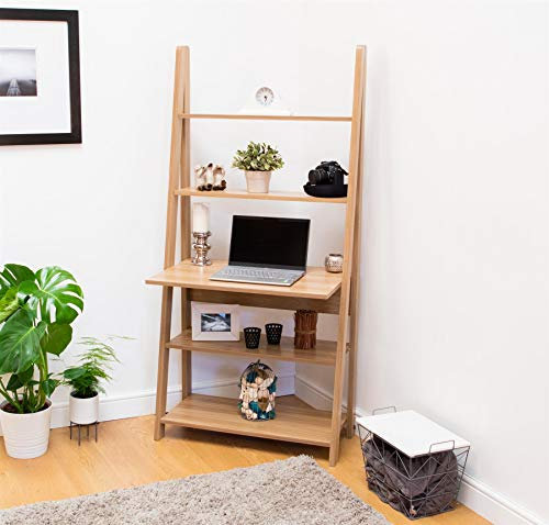Timber Art Design UK Riva Ladder 5 Tier Bookcase Storage Rack Unit & Overhanging Desk For Living Room, Office, Study Room Furniture Oak Effect (84.2 x175.4 x 50cm)