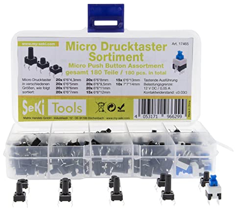 SeKi Mikrotaster 4-Pin Sortiment 180 teilig, 10 verschiedene Abmessungen - Tastende Ausführung Drucktaster Druckschalter