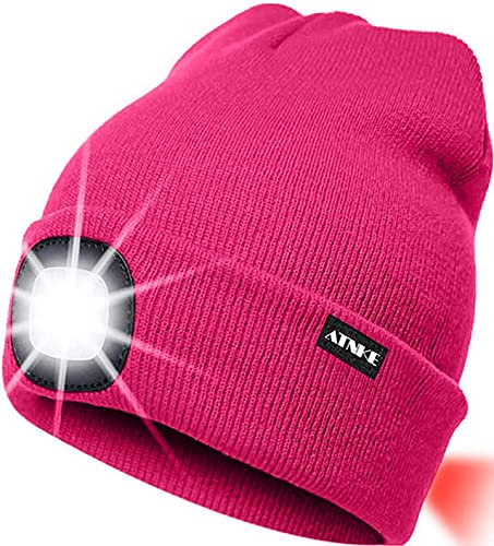 ATNKE 8LED beleuchtete Strickmütze, wiederaufladbare USB-Scheinwerferkappe mit extrem Heller, wasserdichter Lampe und Blinkender Alarm Rotes Rücklicht Multi-Color (Rose Rot)